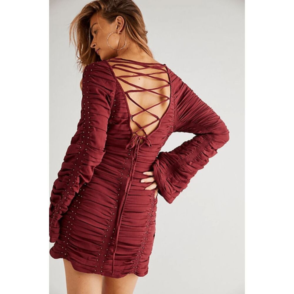 Free People Western Romance Ruched Mini Dress 4 Maroon Burgundy NWT